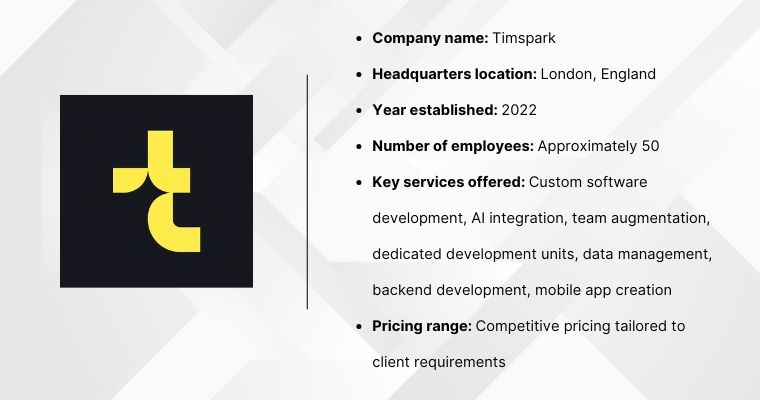 Timspark offer dedicated development teams specializing in AI integration from UK base
